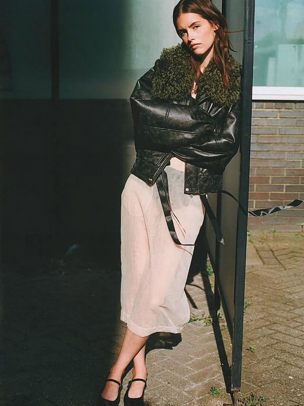 Frankie Black & Khaki Shearling Collar Biker Jacket