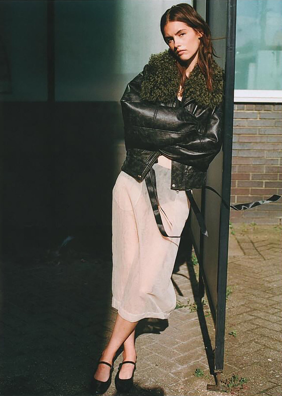Frankie Black & Khaki Shearling Collar Biker Jacket
