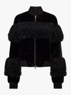 Romi Black Faux Fur Mongolian Lambskin Trim Bomber Jacket