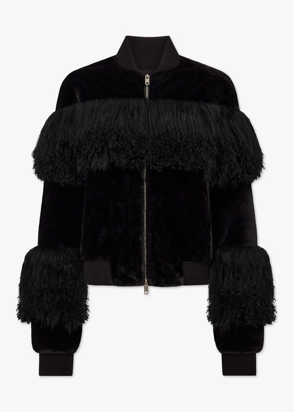 Romi Black Faux Fur Mongolian Lambskin Trim Bomber Jacket
