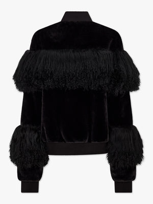 Romi Black Faux Fur Mongolian Lambskin Trim Bomber Jacket
