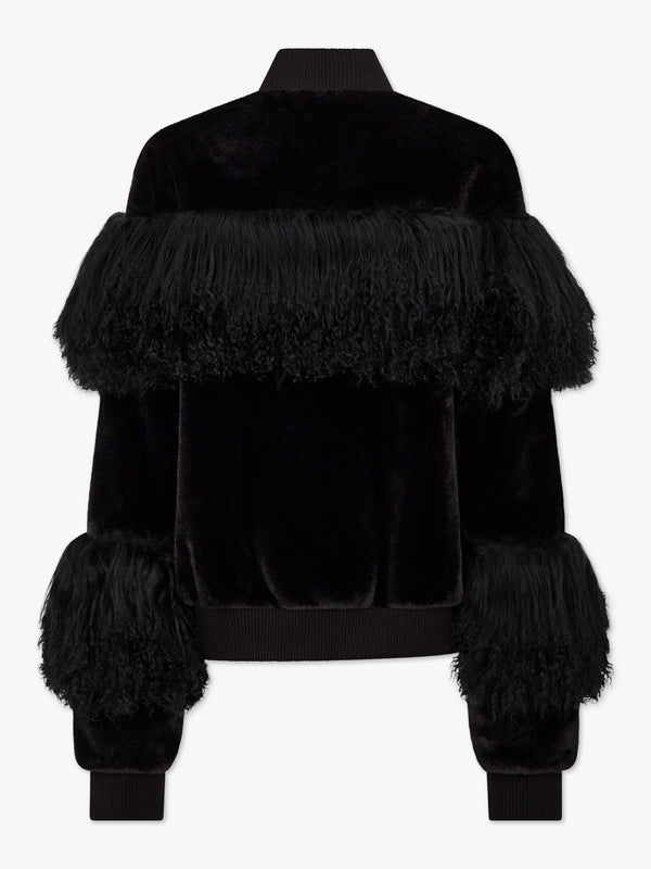 Romi Black Faux Fur Mongolian Lambskin Trim Bomber Jacket
