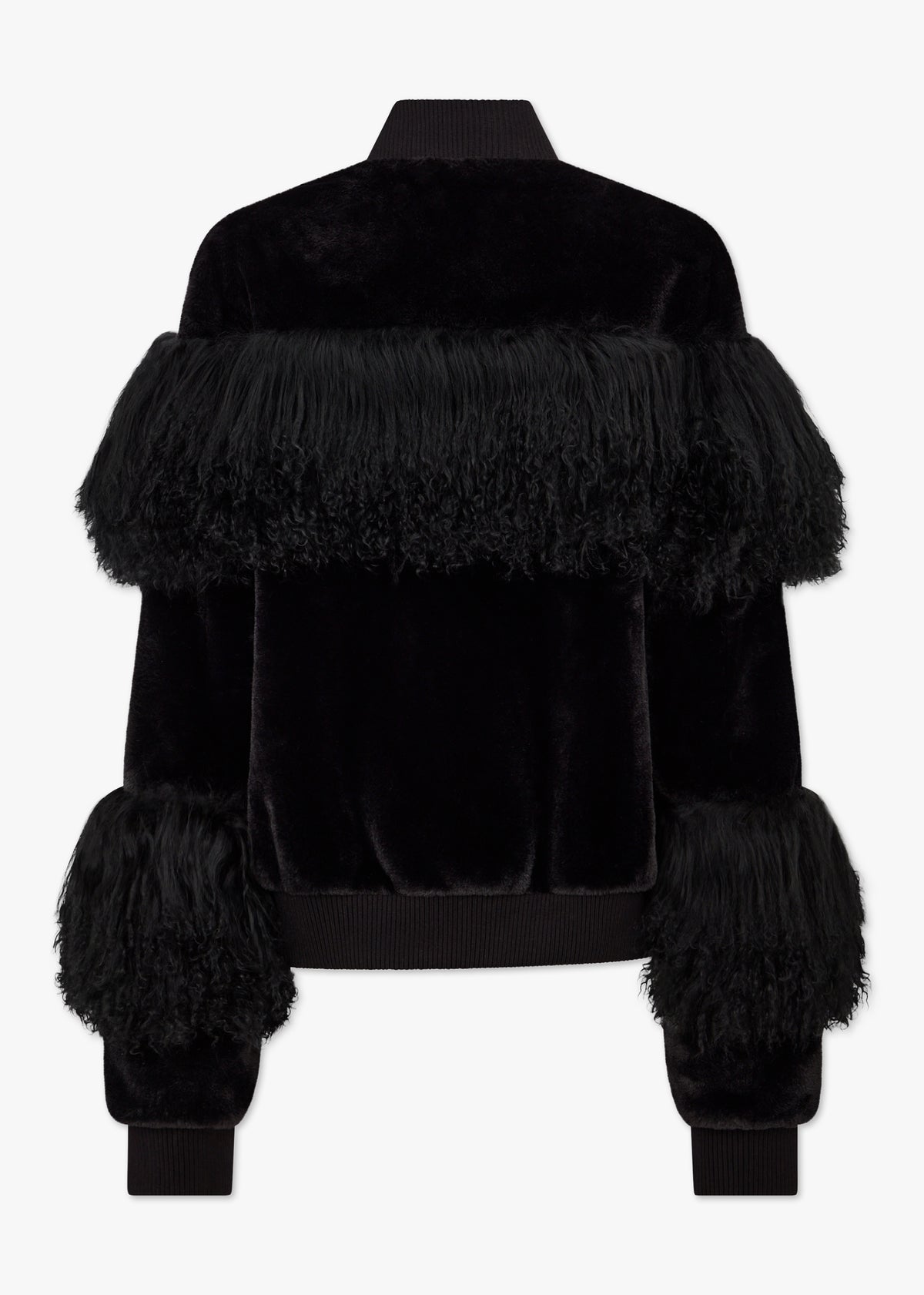 Romi Black Faux Fur Mongolian Lambskin Trim Bomber Jacket