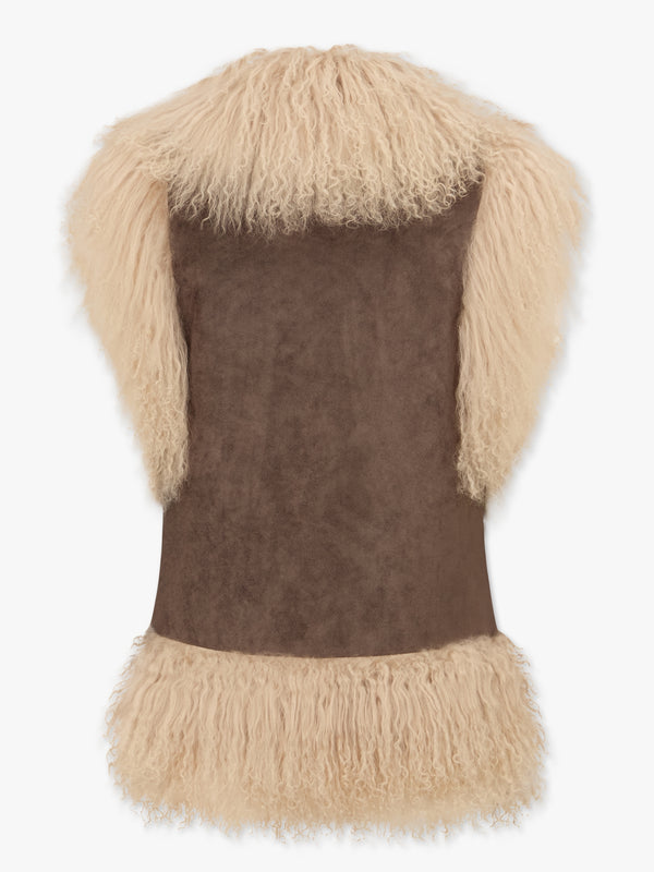 Stevie Greige Biscotti Suedette Mongolian Lambskin Trim Gillet
