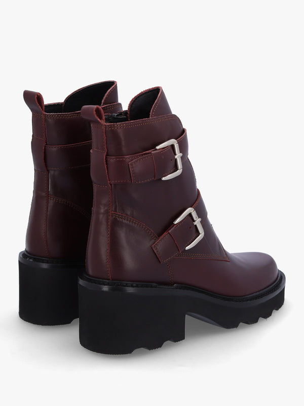 Arose Burgundy Leather Double Buckle Ankle Boots