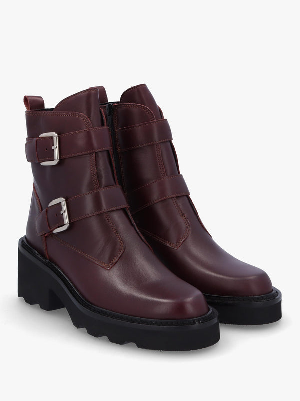 Arose Burgundy Leather Double Buckle Ankle Boots