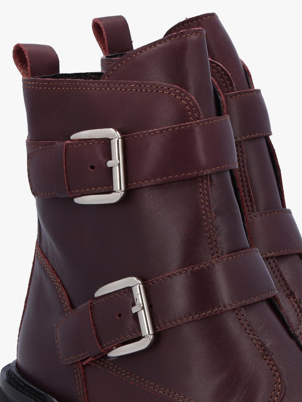 Arose Burgundy Leather Double Buckle Ankle Boots