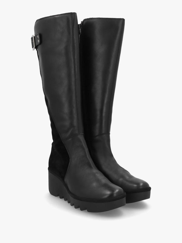 Befy Black Leather & Suede Wedge Knee Boots