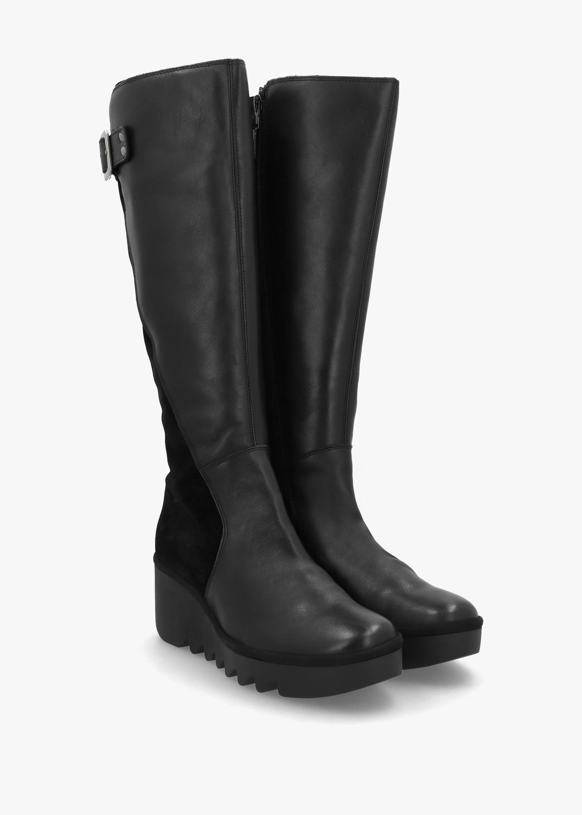 Befy Black Leather & Suede Wedge Knee Boots