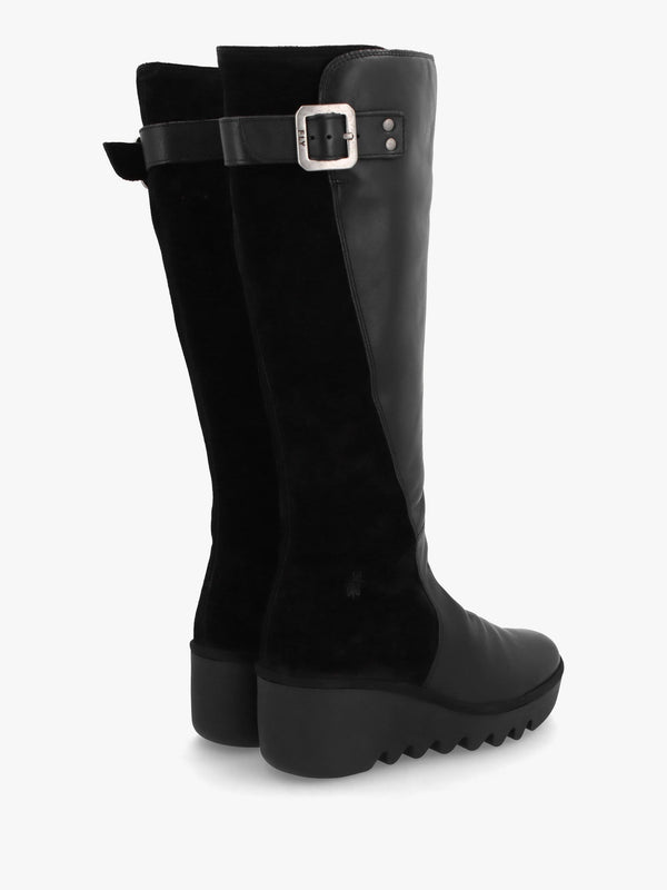 Befy Black Leather & Suede Wedge Knee Boots