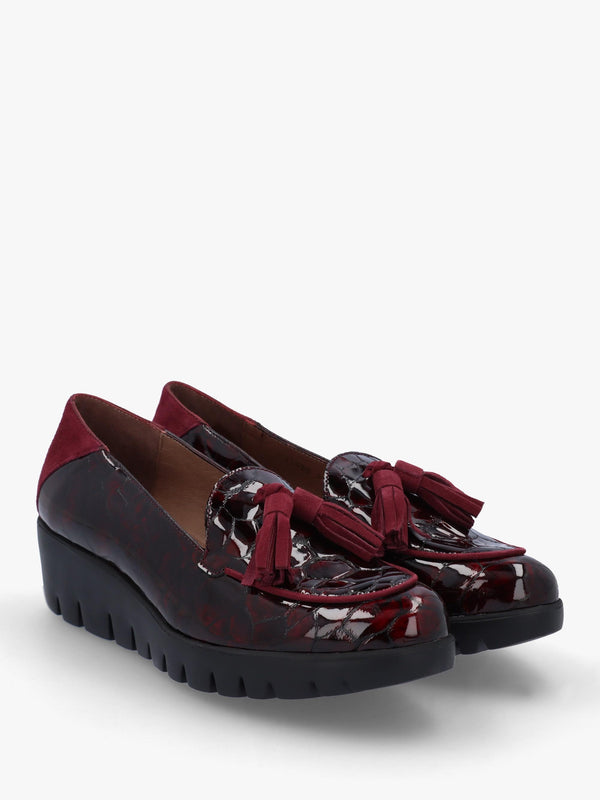 Simone Burgundy Patent Moc Croc Low Wedge Moccasins