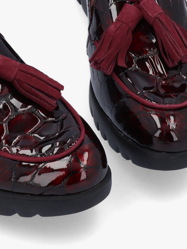 Simone Burgundy Patent Moc Croc Low Wedge Moccasins