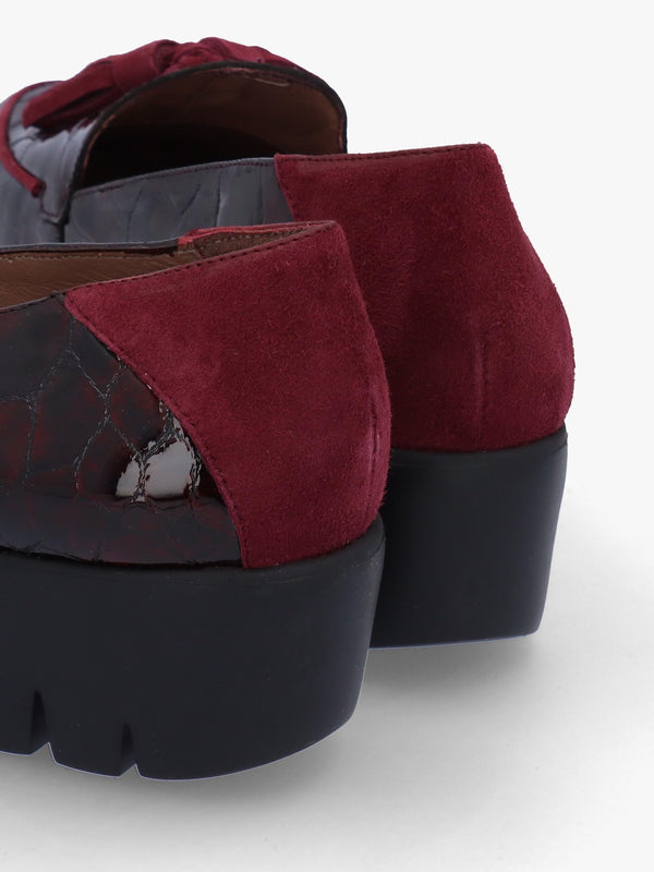 Simone Burgundy Patent Moc Croc Low Wedge Moccasins