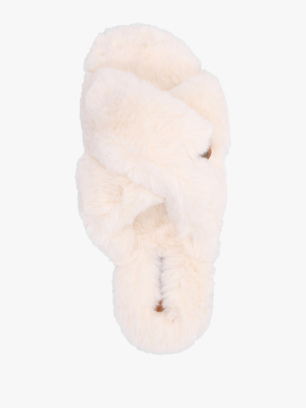 Eliza Ivory Cross Over Faux Fur Slippers