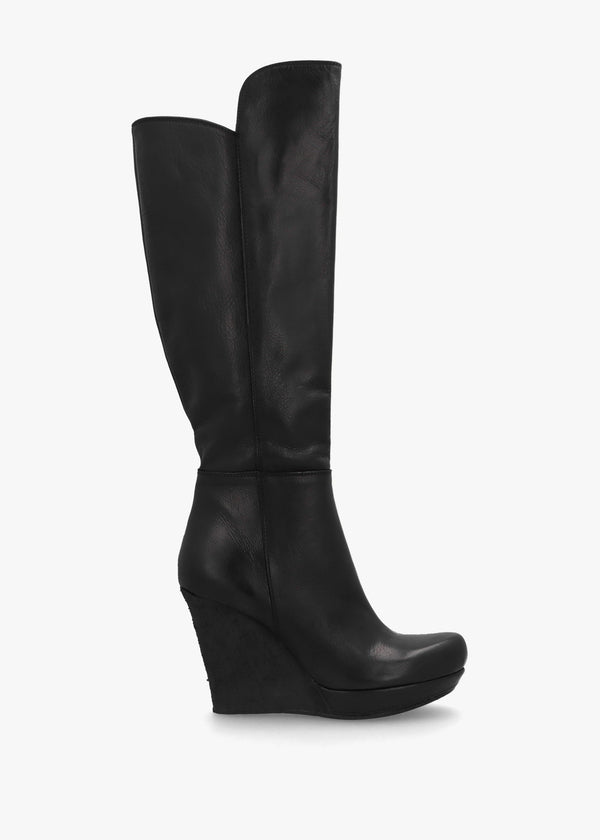 Wiser Black Leather Knee High Wedge Boots