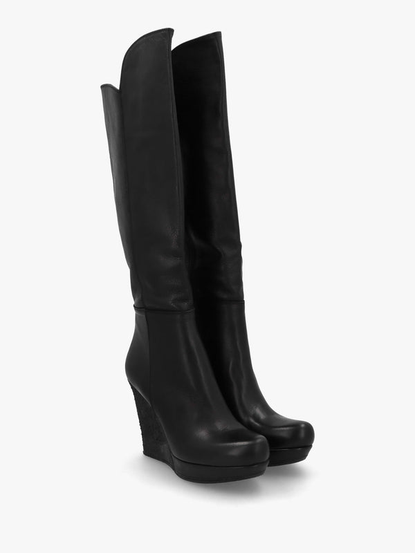 Wiser Black Leather Knee High Wedge Boots
