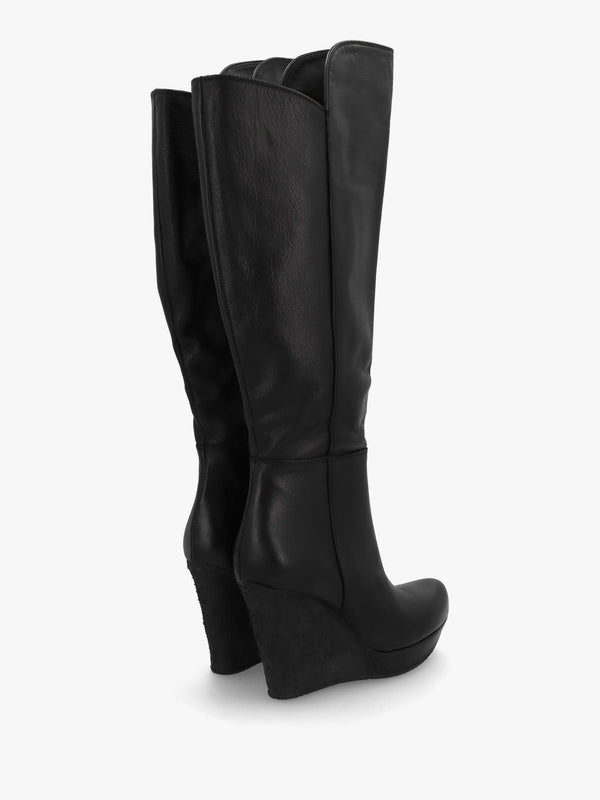 Wiser Black Leather Knee High Wedge Boots