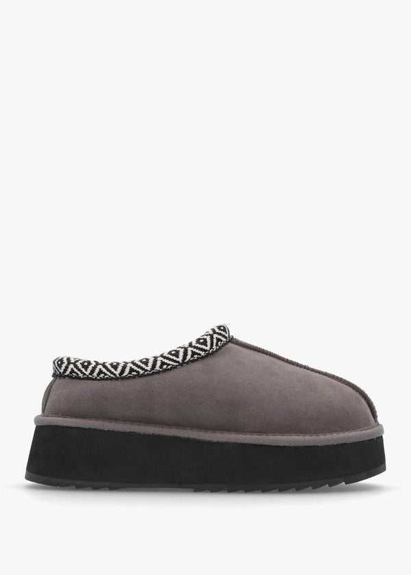 Somolly Grey Suede Shearling Platform Slippers
