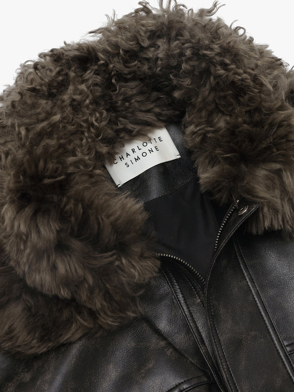 Frankie Black & Khaki Shearling Collar Biker Jacket
