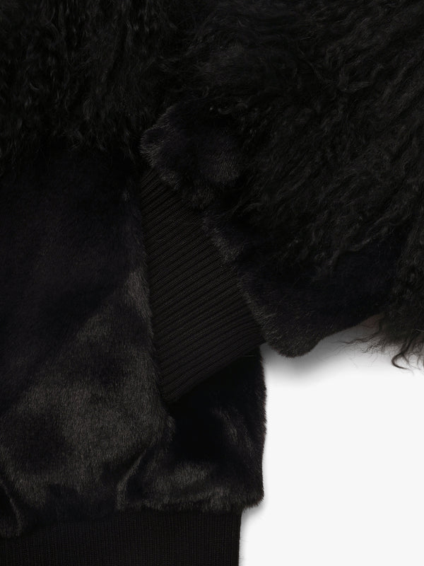 Romi Black Faux Fur Mongolian Lambskin Trim Bomber Jacket