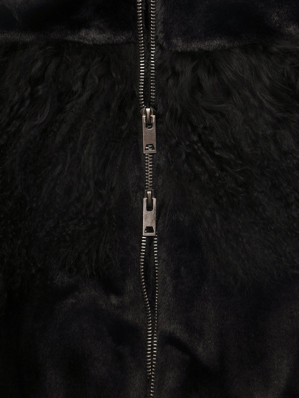 Romi Black Faux Fur Mongolian Lambskin Trim Bomber Jacket