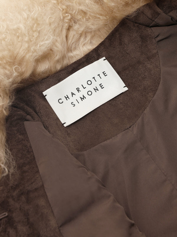 Stevie Greige Biscotti Suedette Mongolian Lambskin Trim Gillet