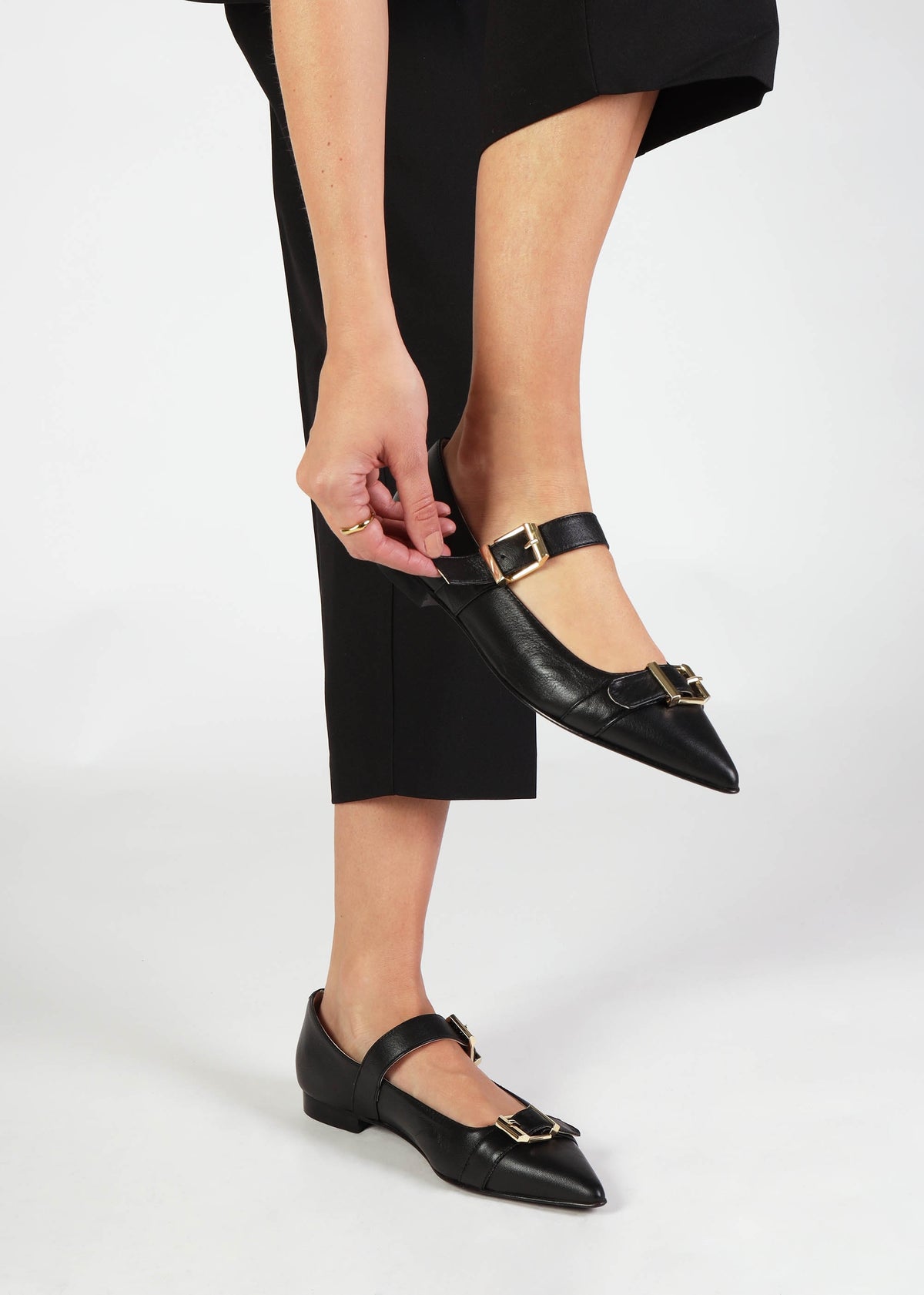 Nancy Black Leather Pointed Toe Pumps