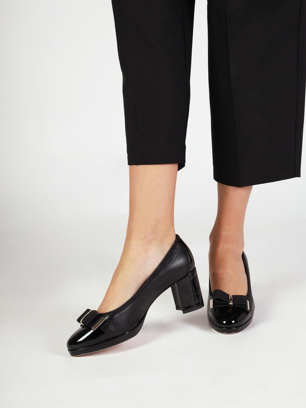 Paige Black Leather Block Heel Court Shoes