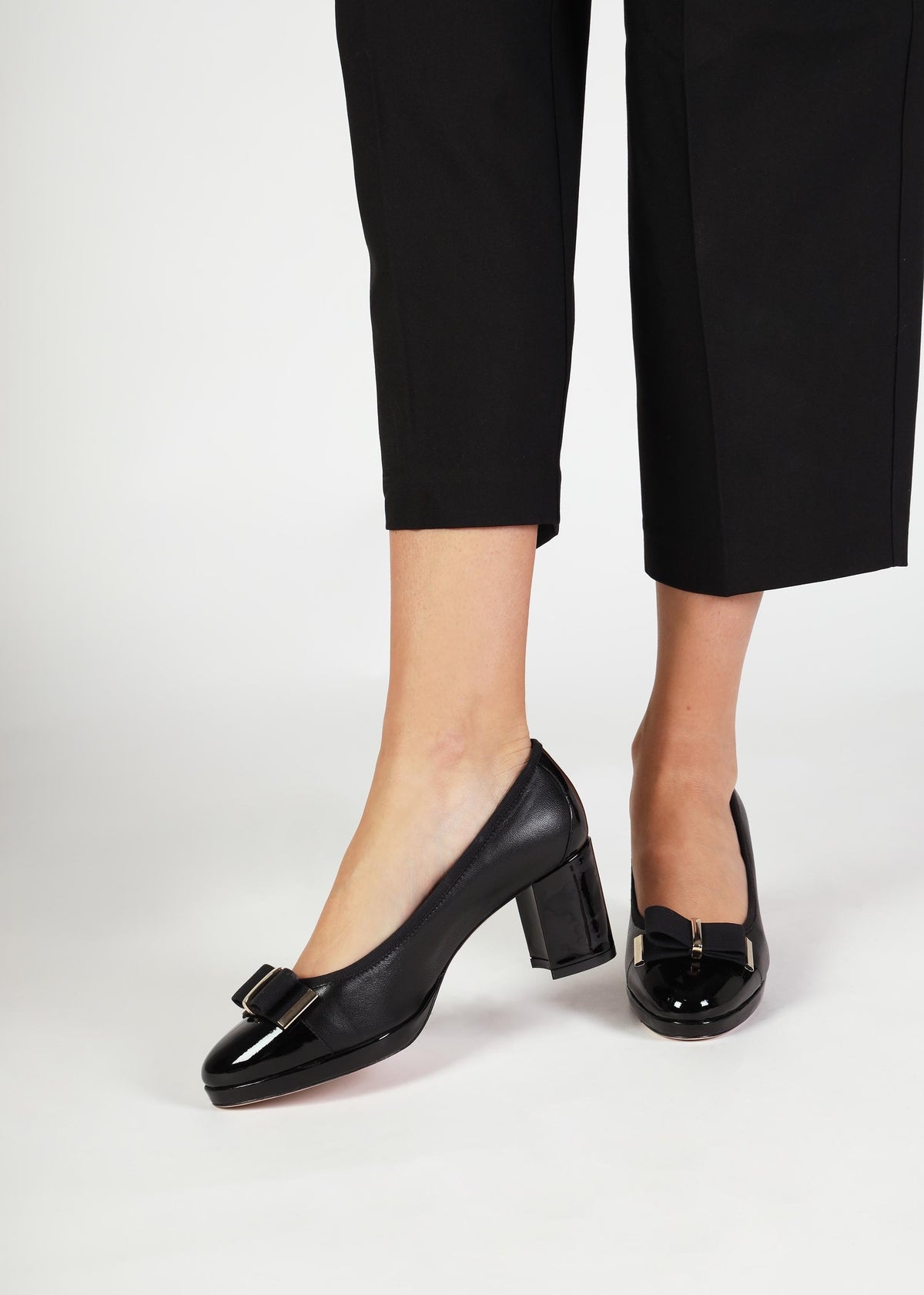 Paige Black Leather Block Heel Court Shoes