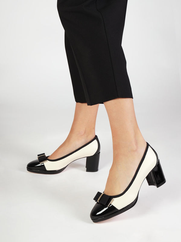 Paige White Leather Block Heel Court Shoes