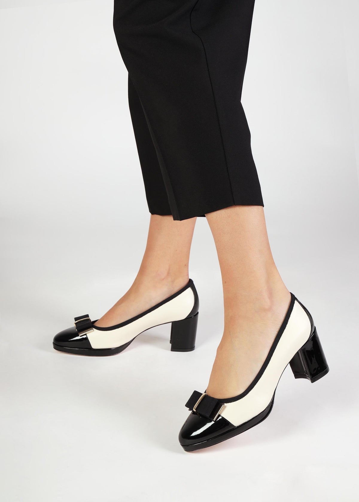 Paige White Leather Block Heel Court Shoes