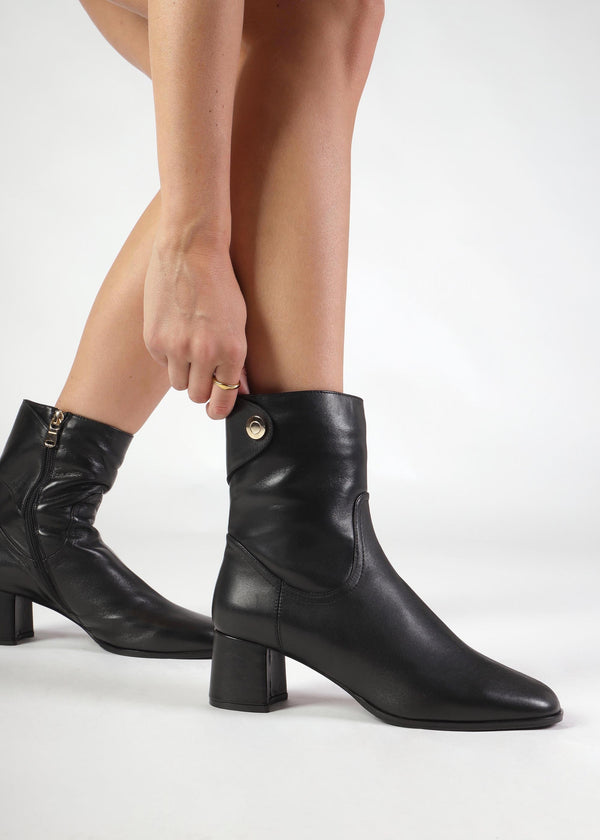 Payton Black Leather Block Heel Ankle Boots