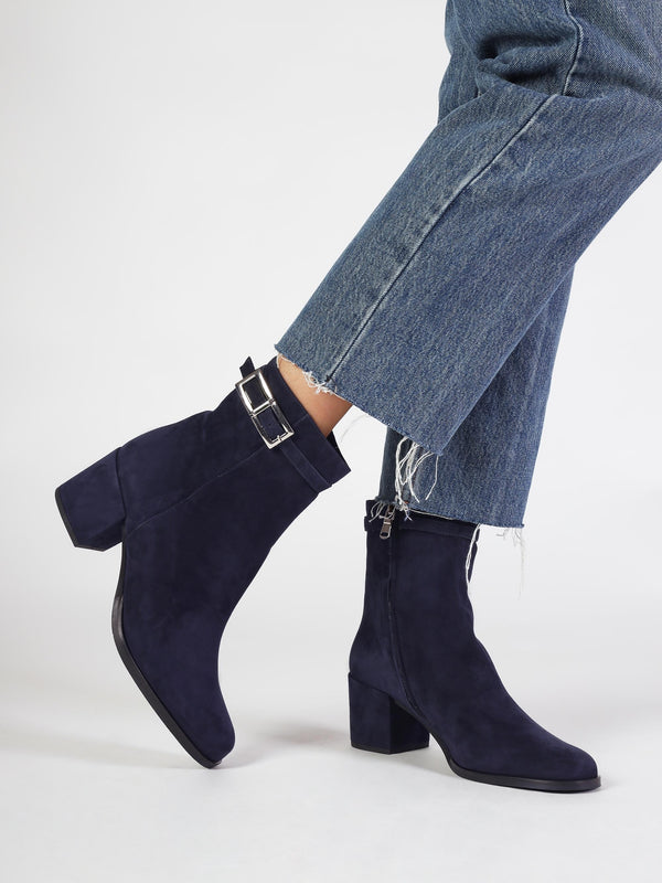 Pearl Navy Suede Block Heel Ankle Boots