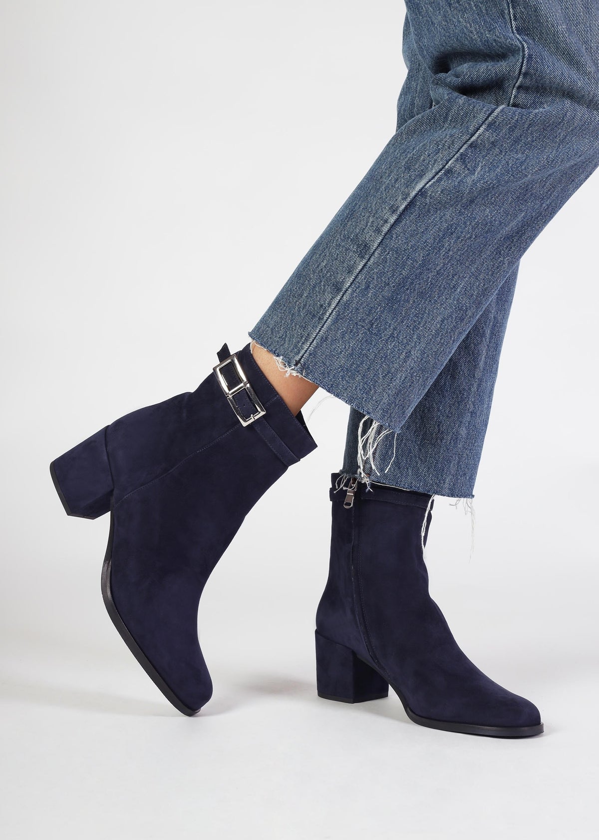 Pearl Navy Suede Block Heel Ankle Boots