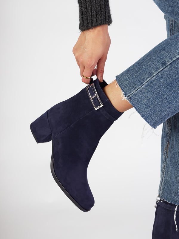 Pearl Navy Suede Block Heel Ankle Boots