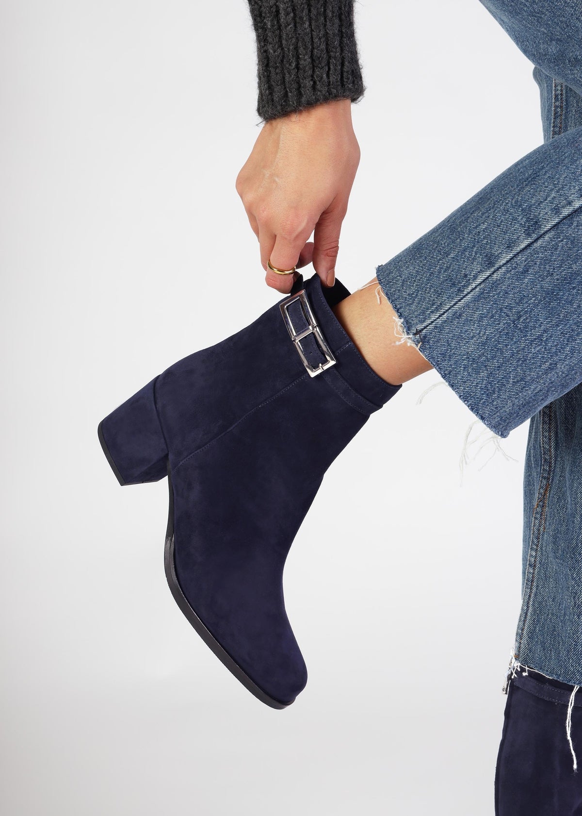 Pearl Navy Suede Block Heel Ankle Boots