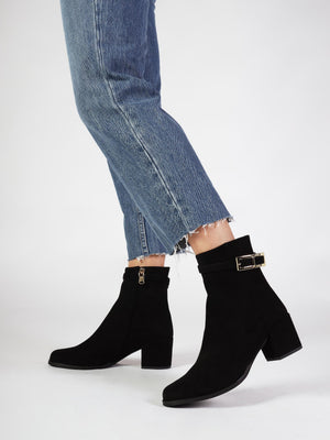 Pearl Black Suede Block Heel Ankle Boots