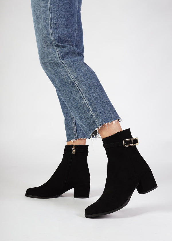 Pearl Black Suede Block Heel Ankle Boots