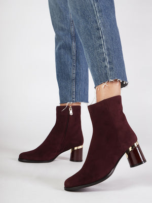 Penelope Burgundy Suede Gold Trim Heeled Ankle Boots