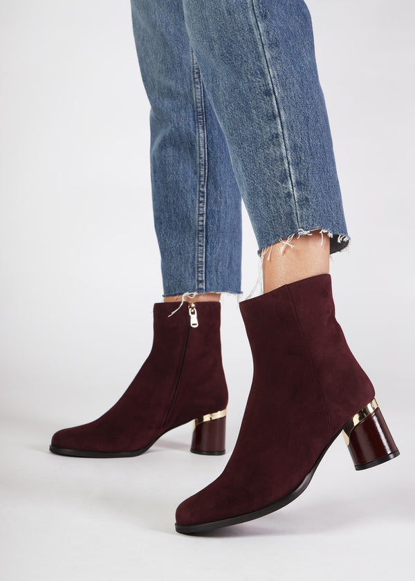 Penelope Burgundy Suede Gold Trim Heeled Ankle Boots