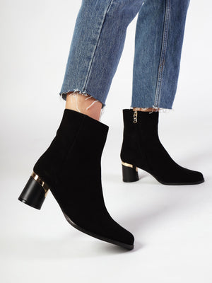Penelope Black Suede Gold Trim Heeled Ankle Boots