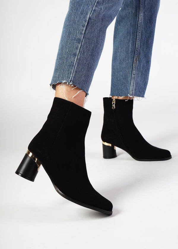 Penelope Black Suede Gold Trim Heeled Ankle Boots