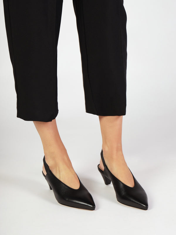 Sani Black Leather Pointed Almond Toe Heeled Sling Backs