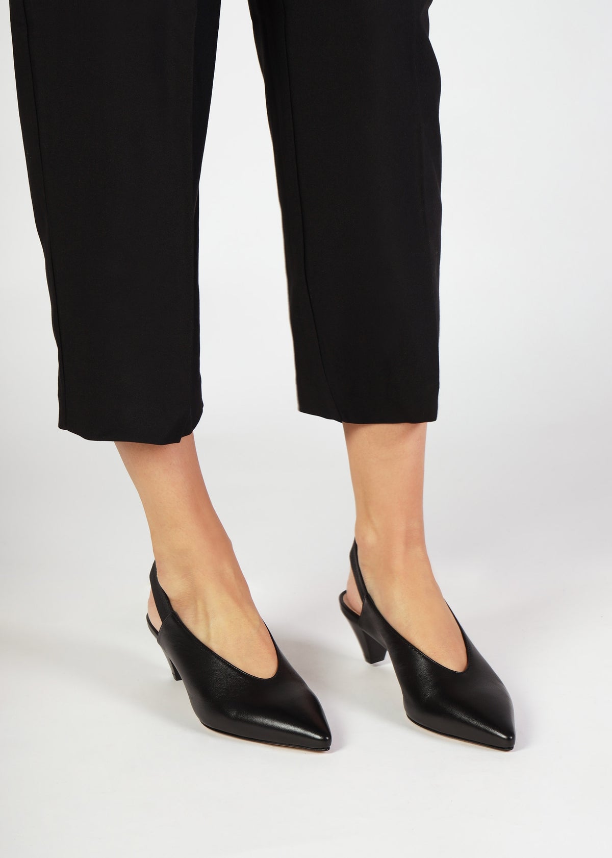 Sani Black Leather Pointed Almond Toe Heeled Sling Backs