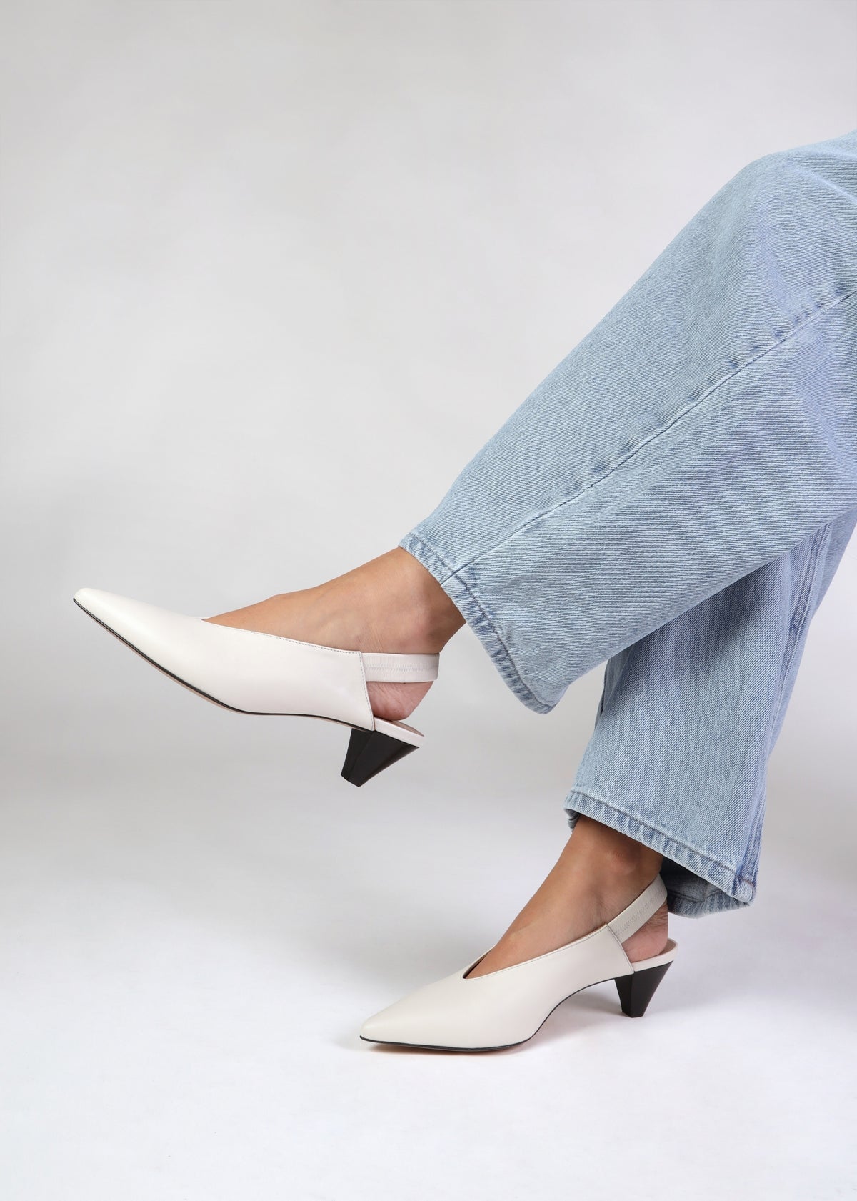 Sani Cream Leather Pointed Almond Toe Heeled Sling Backs
