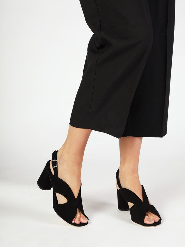 Sida Black Suede Block Heel Sling Back Sandals