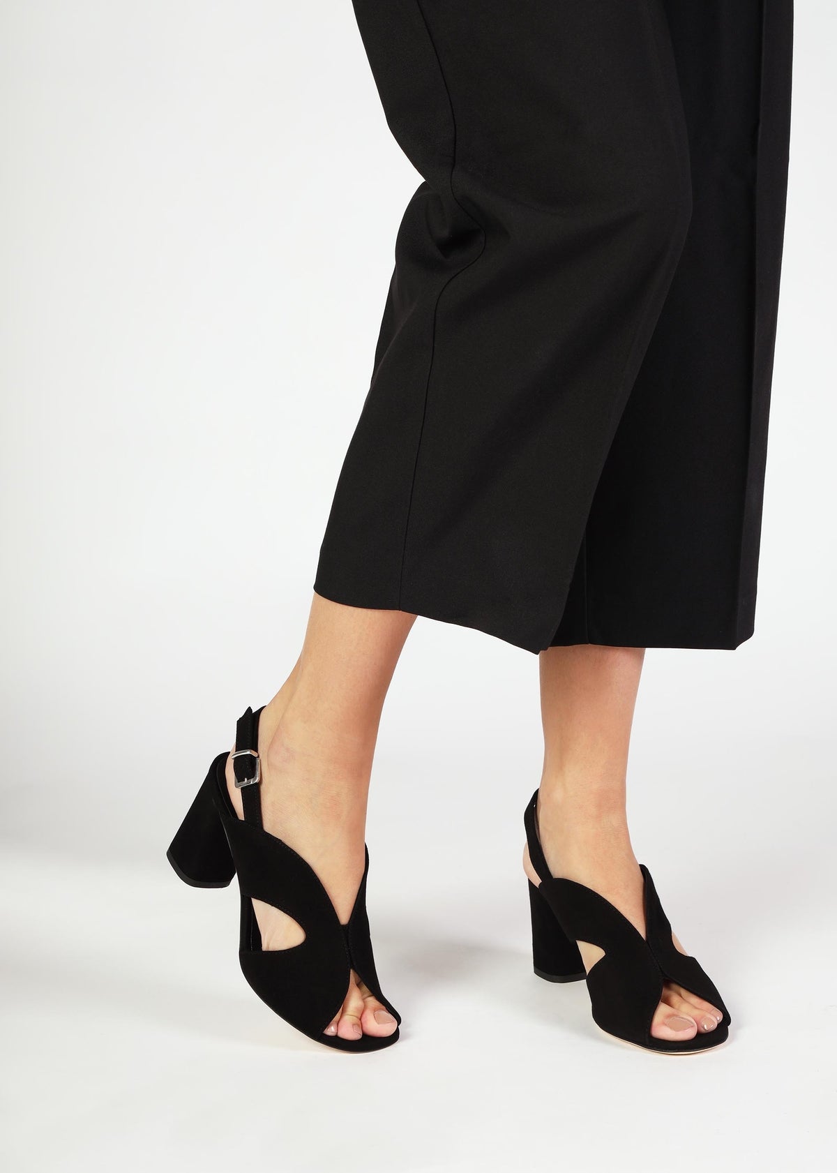 Sida Black Suede Block Heel Sling Back Sandals