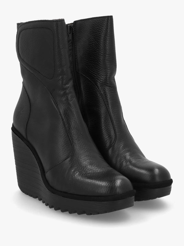 Dally Black Full Grain Leather High Wedge Ankle Boots