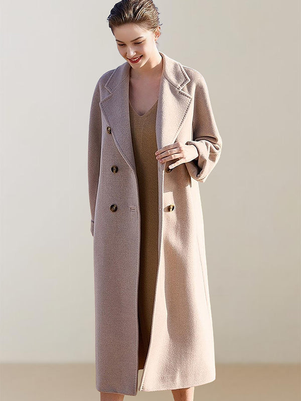 Beige Wool Cashmere Double Breasted Longline Coat