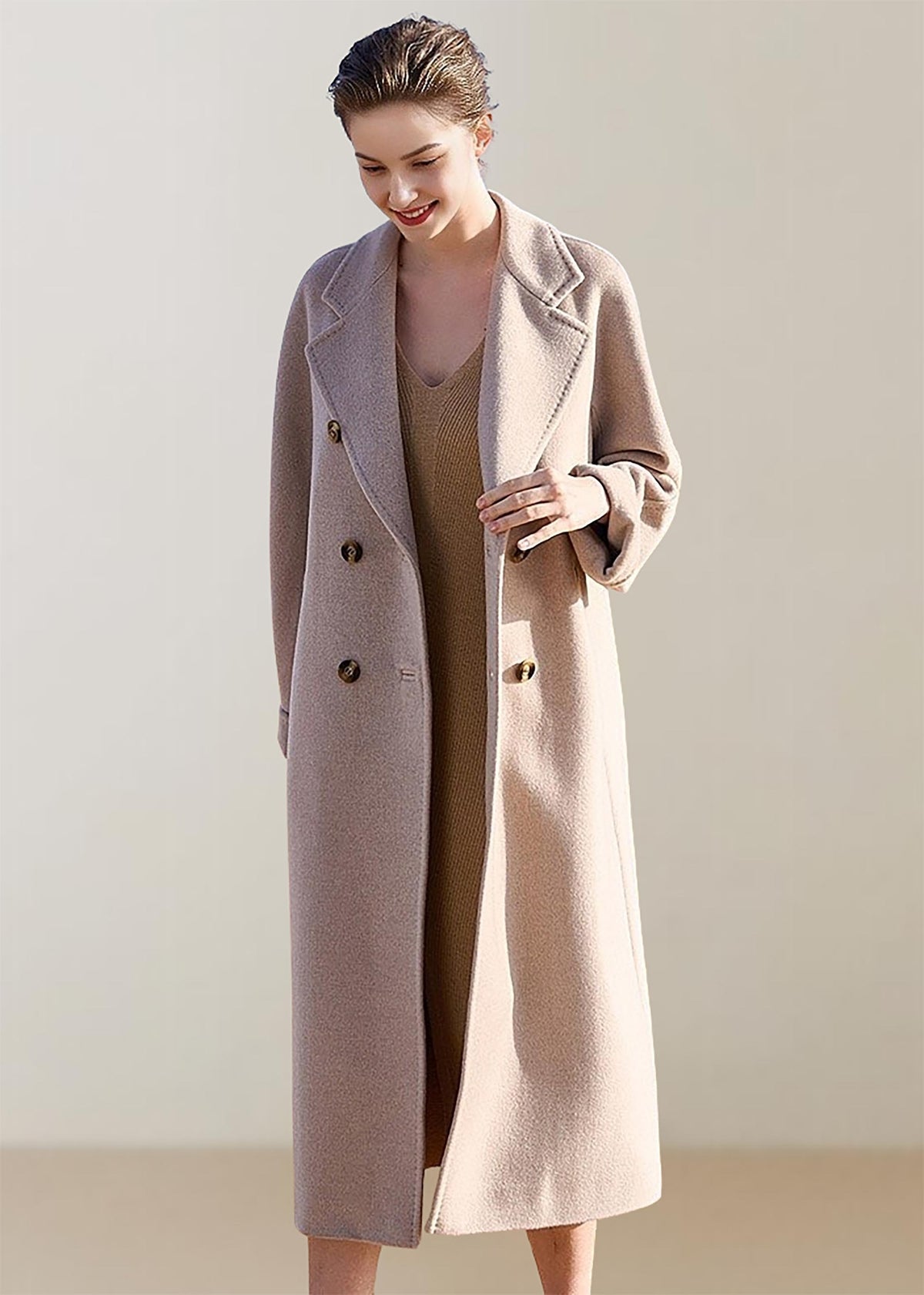 Beige Wool Cashmere Double Breasted Longline Coat